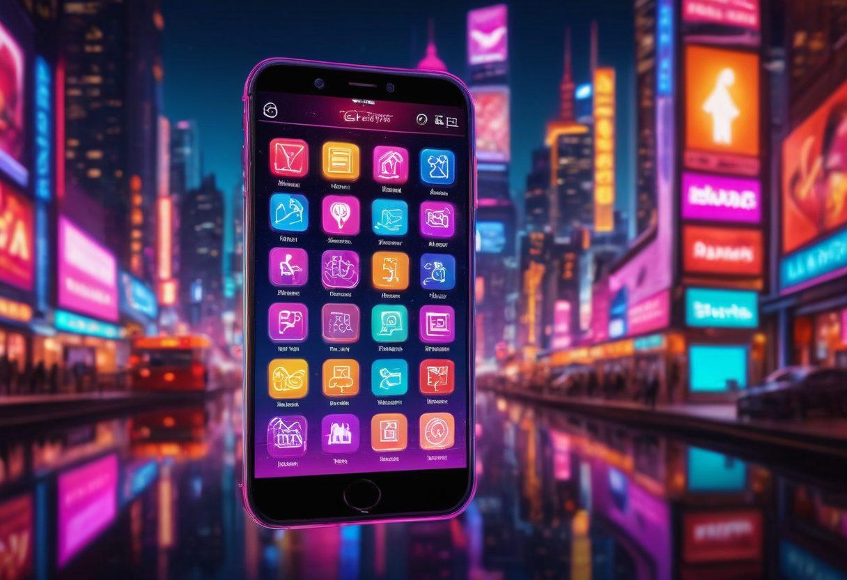 A modern mobile phone displaying vibrant adult entertainment app icons against a backdrop of a digital cityscape illuminated by neon lights. The scene should convey a sense of excitement and accessibility, with playful abstract elements representing varied forms of pleasure, such as symbols of escapism and connectivity. Include hints of diverse, confident individuals engaging with their devices. cyberpunk. vibrant colors. high contrast.