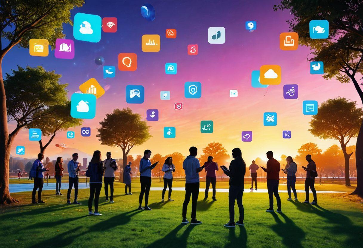 A vibrant scene showing a diverse group of adults engaging with various mobile apps on their smartphones in a playful, futuristic park setting. Include colorful app icons floating around them, representing the adult app world, and add technology-themed elements like holograms and digital screens. The atmosphere should be lively and inviting, with a sunset backdrop to enhance warmth. super-realistic. vibrant colors. 3D.