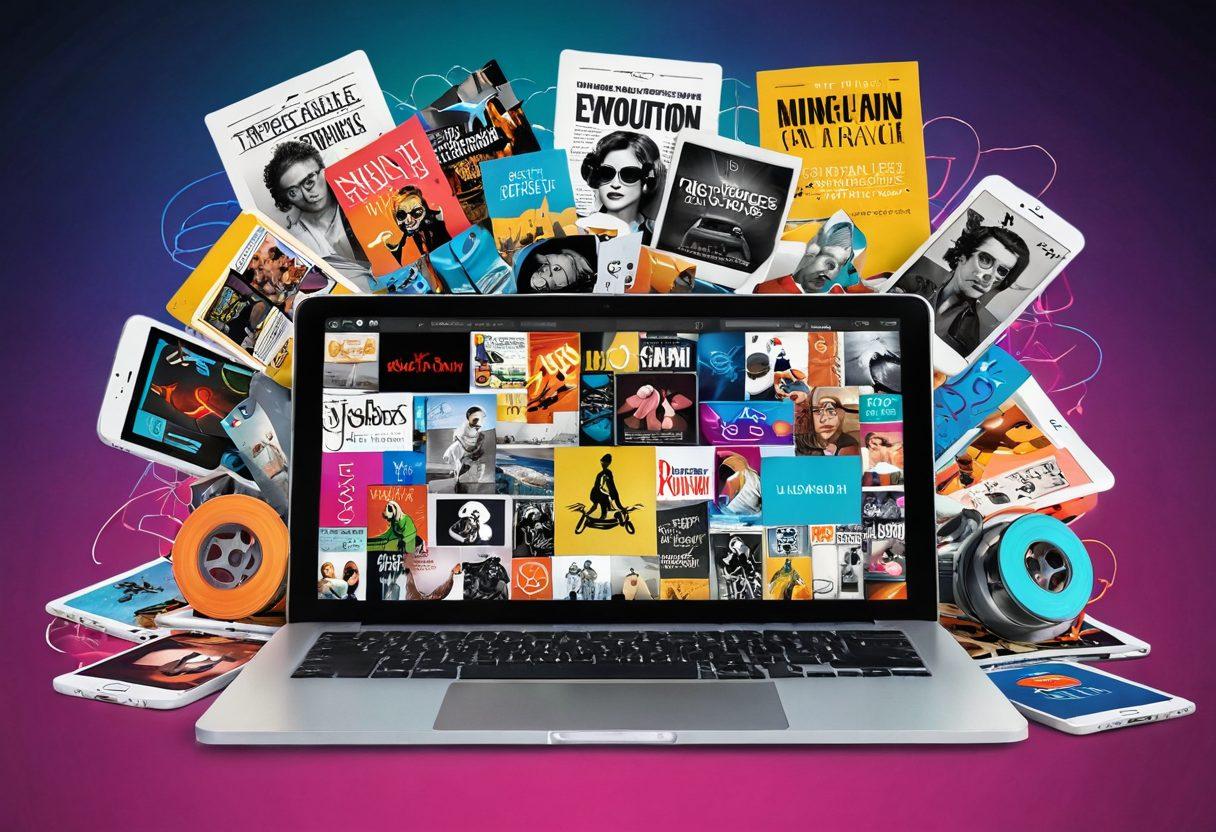 A collage showcasing the evolution of adult content illustration, transitioning from vintage magazines to modern mobile devices. Incorporate elements like an old magazine, a classic film reel, a laptop, and a smartphone, all blending into a vibrant and dynamic flow. Use bright colors to emphasize the technology evolution, with a subtle glow around the devices. Background features abstract digital elements to symbolize the online world. super-realistic. vibrant colors. 3D.